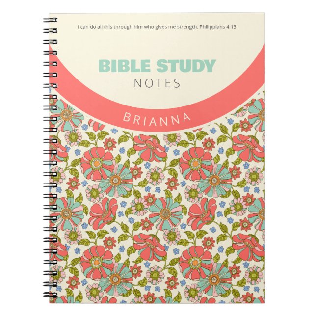 Retro Pink & Aqua Floral Personalized Notebook (Front)