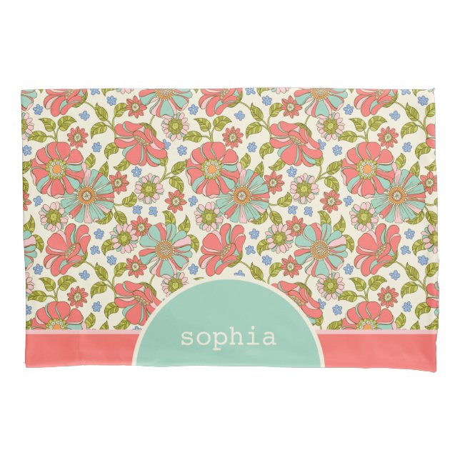Retro Pink & Aqua Floral Personalized Pillowcase (Front)