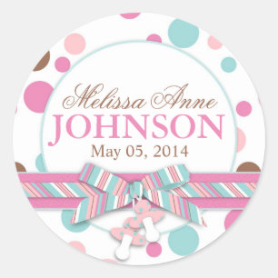 Retro Pink & Aqua Polka Dots Announcement Classic Round Sticker