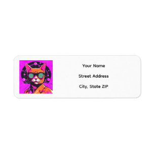 Retro Pink Atomic Cat Return Address Label