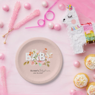 Retro Pink Baby floral calligraphy baby Shower  Paper Plate