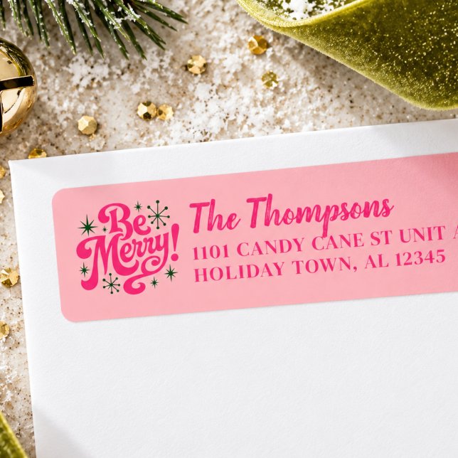 Retro Pink Be Merry Personalized Christmas Return  (Retro Pink Be Merry Personalized Christmas Return Label
)