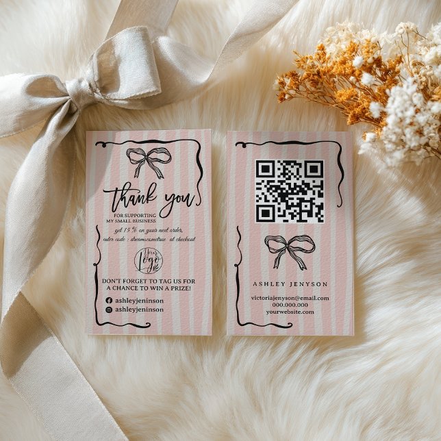 Retro Pink beige Bow Logo QR Thank You Order Business Card (Retro Pink beige Bow Logo QR Thank You Order Business Card)