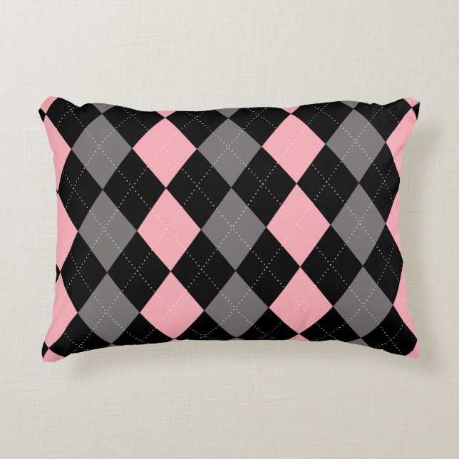 Retro Pink Black Grey Argyle Accent Pillow (Front)