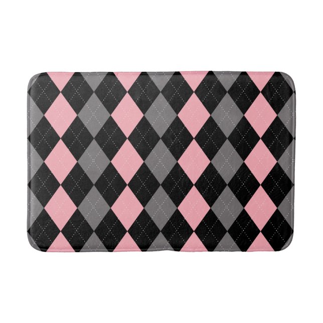 Retro Pink Black Grey Argyle Bath Mat (Front)