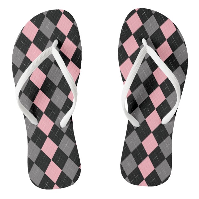 Retro Pink Black Grey Argyle Flip Flops (Footbed)