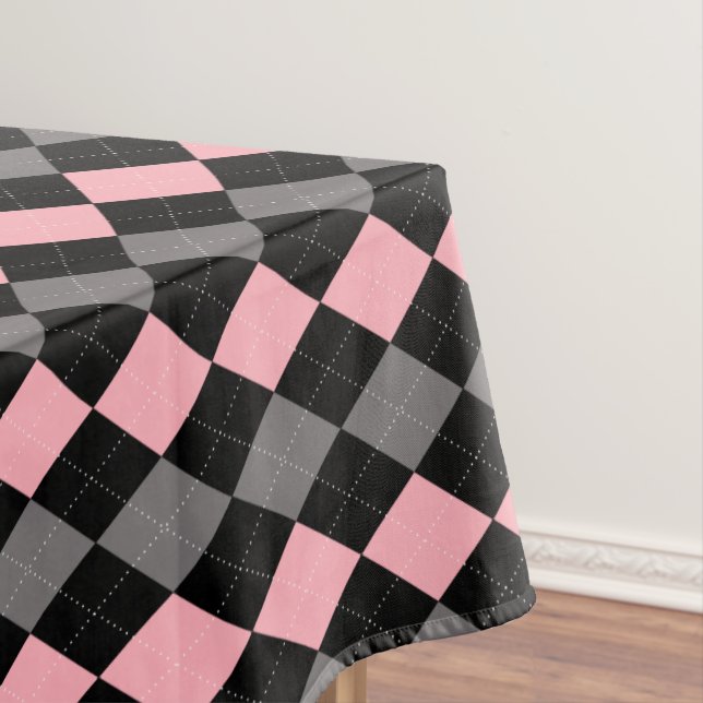 Retro Pink Black Grey Argyle Tablecloth (In Situ)