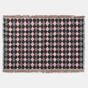 Retro Pink Black Grey Argyle Throw Blanket