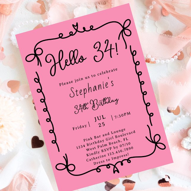 Retro Pink & Black Handwritten 34th Birthday Party Invitation (Creator Uploaded)