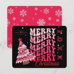 Retro Pink & Black Typography Merry Christmas Tree Holiday Card