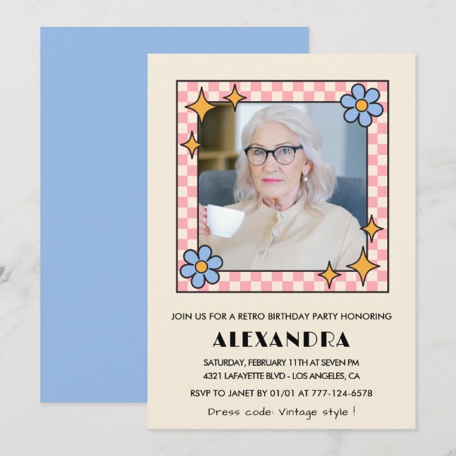 Retro Pink Blue Floral Photo 99th birthday Invitation (Front/Back)