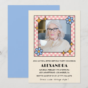 Retro Pink Blue Floral Photo 99th birthday Invitation