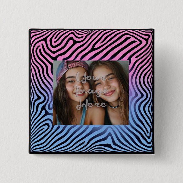 Retro Pink Blue Gradient Zebra Stripe Photo Frame 2 Inch Square Button (Front)