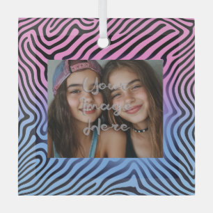 Retro Pink Blue Gradient Zebra Stripe Photo Frame Glass Ornament