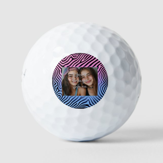 Retro Pink Blue Gradient Zebra Stripe Photo Frame Golf Balls (Front)