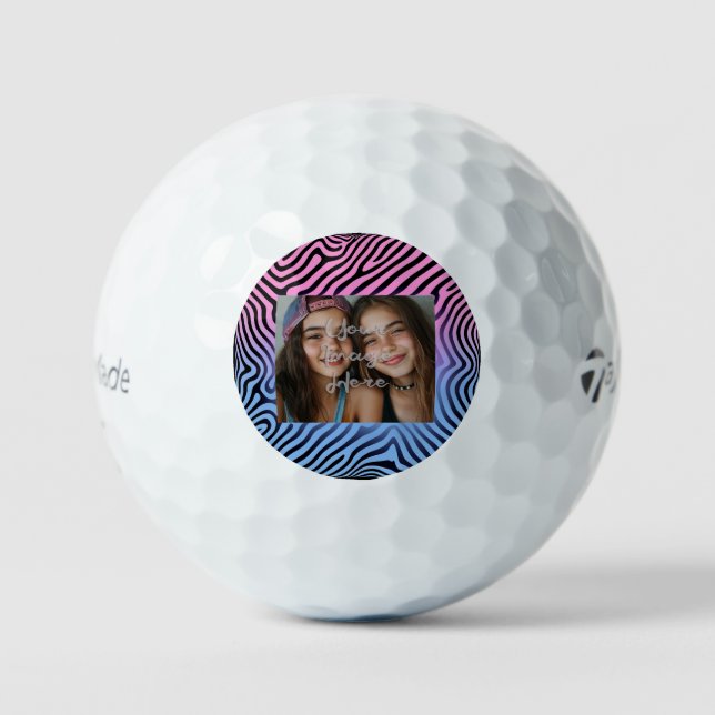 Retro Pink Blue Gradient Zebra Stripe Photo Frame Golf Balls (Front)