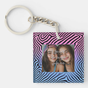 Retro Pink Blue Gradient Zebra Stripe Photo Frame Keychain