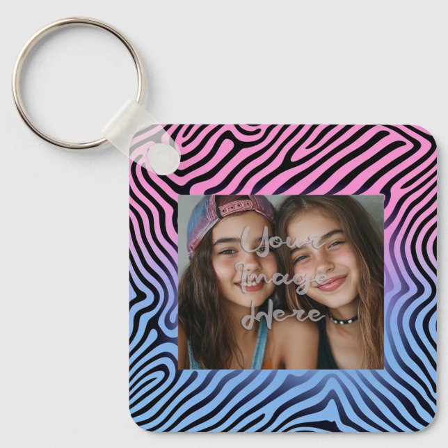 Retro Pink Blue Gradient Zebra Stripe Photo Frame Keychain (Front)