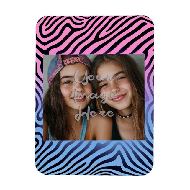 Retro Pink Blue Gradient Zebra Stripe Photo Frame Magnet (Vertical)