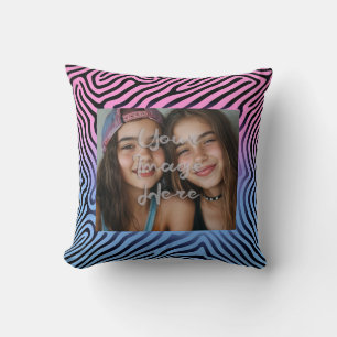 Retro Pink Blue Gradient Zebra Stripe Photo Frame Throw Pillow
