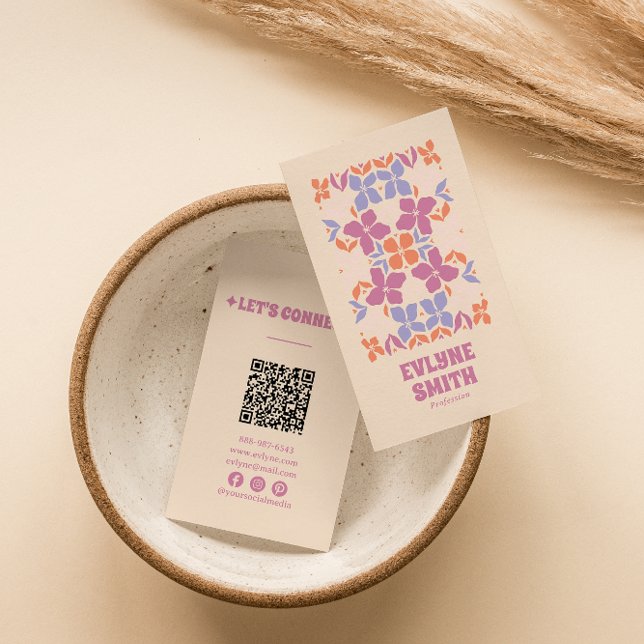 Retro Pink Blue Groovy Floral Girly Boho QR Code Business Card (Creator Uploaded)