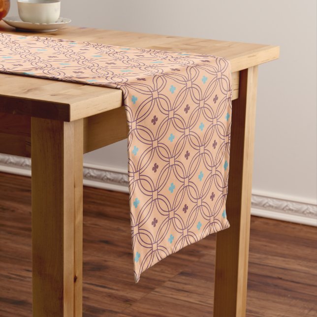 Retro Pink & Blue Interlocking Geometric Pattern Long Table Runner (In Situ)