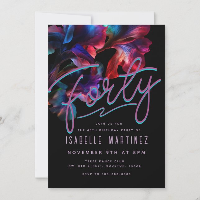 Retro Pink Blue Neon Floral 40th Birthday Invitation (Front)
