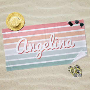 Retro Pink & Blue Stripe Personalized Name Beach Towel