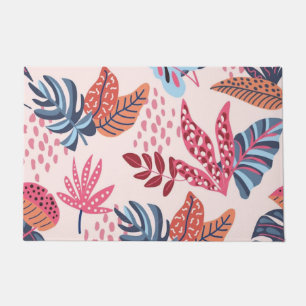 Retro Pink & Blue Tropical Leaf Pattern Outdoor Doormat