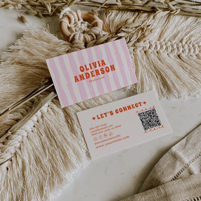 Retro Pink  Boho Groovy Pinstripes Girly QR Code Business Card (Creator Uploaded)