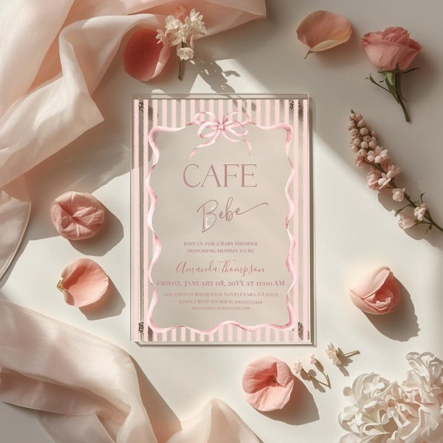 Retro Pink Bow Cafe Bebe Girl Coffee Baby Shower Acrylic Invitations (Creator Uploaded)