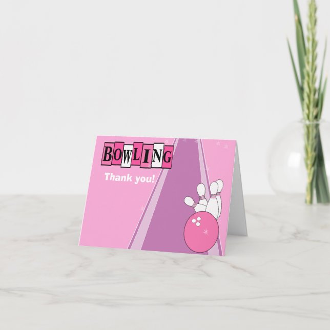 Retro Pink Bowling Party Folded Thank you notes (Front)