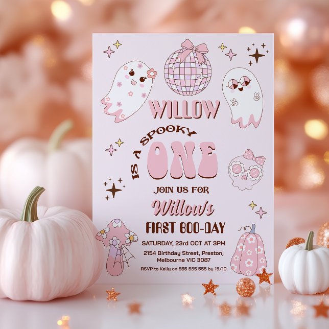 Retro Pink Brown Halloween Spooky One 1st Birthday Invitation (Pink Spooky One Birthday Invitation Girl, Groovy Spooky One Birthday Invitation Template, Spooky One)