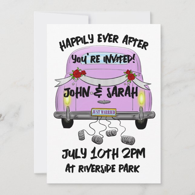 RETRO PINK CAR JUST MARRIED WEDDING INVITATIONS (Front)