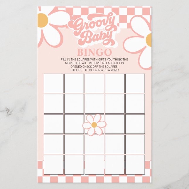 Retro Pink Check daisy Baby Shower Bingo Flyer (Front)