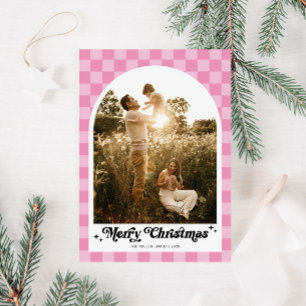 Retro Pink Checkered Arch Family Photo Holiday Card