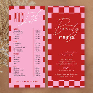 Retro Pink Checkered Hair Makeup Salon Price List Rack Card