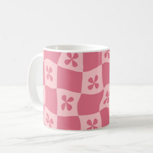 Retro Pink Chequered Floral Pattern Coffee Mug