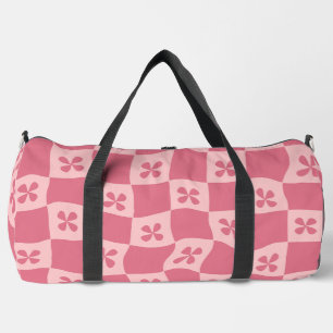 Retro Pink Chequered Floral Pattern Duffle Bag