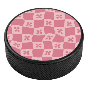 Retro Pink Chequered Floral Pattern Hockey Puck