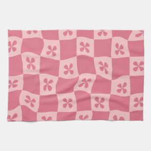 Retro Pink Chequered Floral Pattern Kitchen Towel