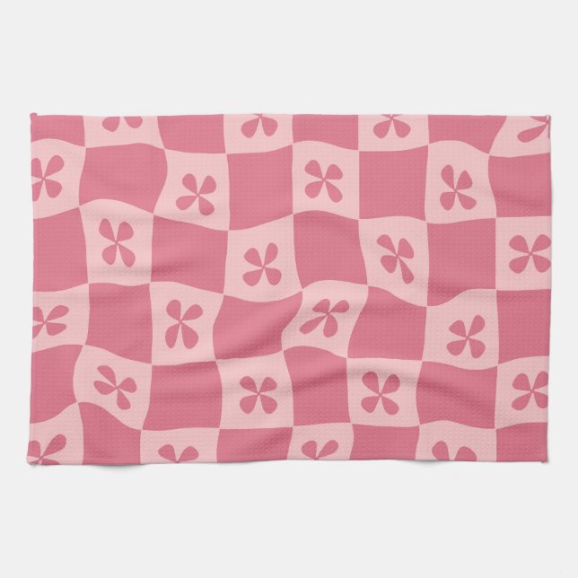 Retro Pink Chequered Floral Pattern Kitchen Towel (Horizontal)
