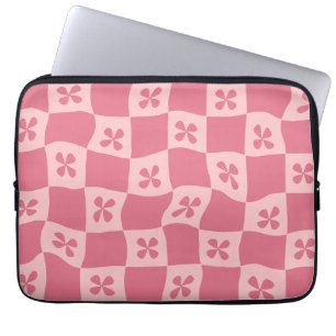 Retro Pink Chequered Floral Pattern Laptop Sleeve