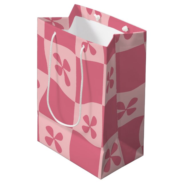 Retro Pink Chequered Floral Pattern Medium Gift Bag (Front Angled)