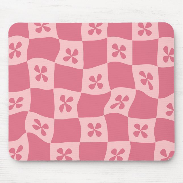 Retro Pink Chequered Floral Pattern Mouse Pad (Front)