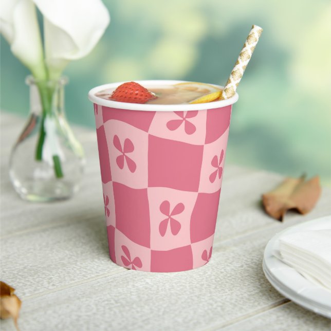 Retro Pink Chequered Floral Pattern Paper Cups (Insitu)