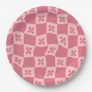Retro Pink Chequered Floral Pattern Paper Plate