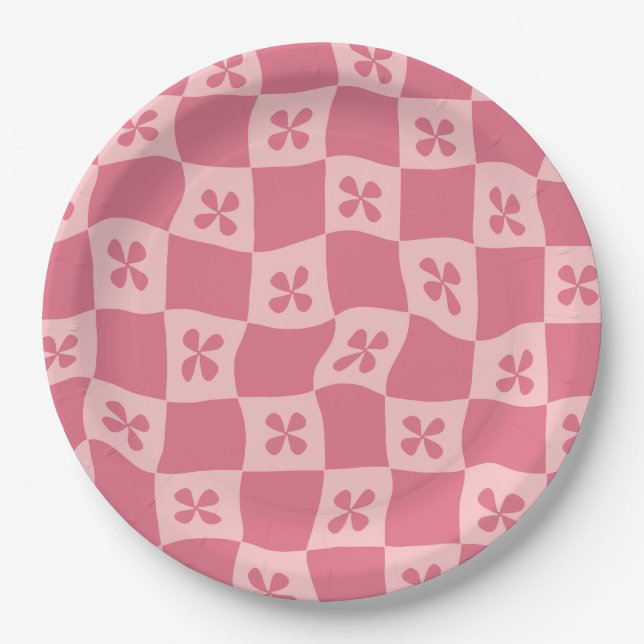 Retro Pink Chequered Floral Pattern Paper Plate (Front)