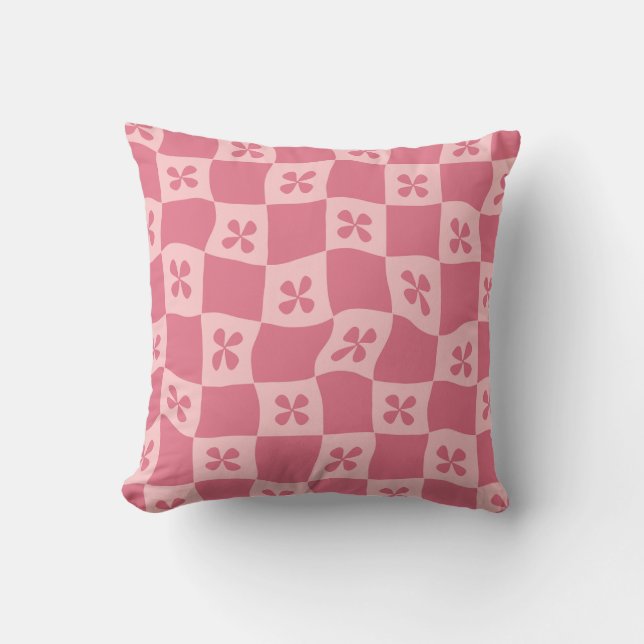 Retro Pink Chequered Floral Pattern Throw Pillow (Front)