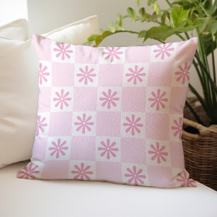 Retro Pink Chequered Floral Pattern Throw Pillow